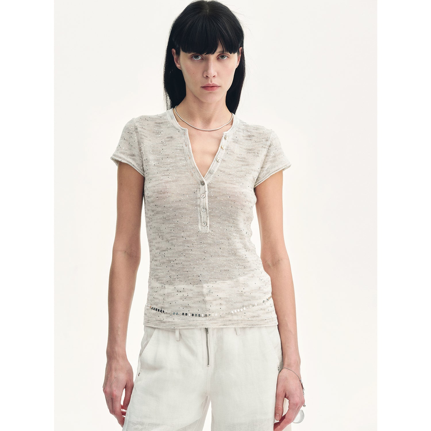 "Minimalist Light Gap" Cotton and Linen Blend Sequined Henley Neck Short Sleeve T-Shirt-1