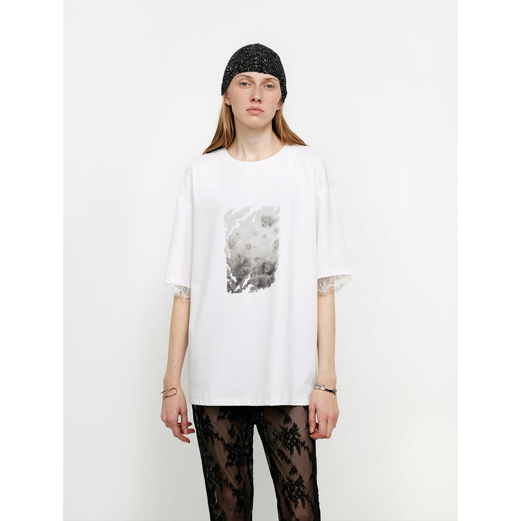 Printed Attitude Original Printed Cuffs Spliced Lace T-Shirt-1