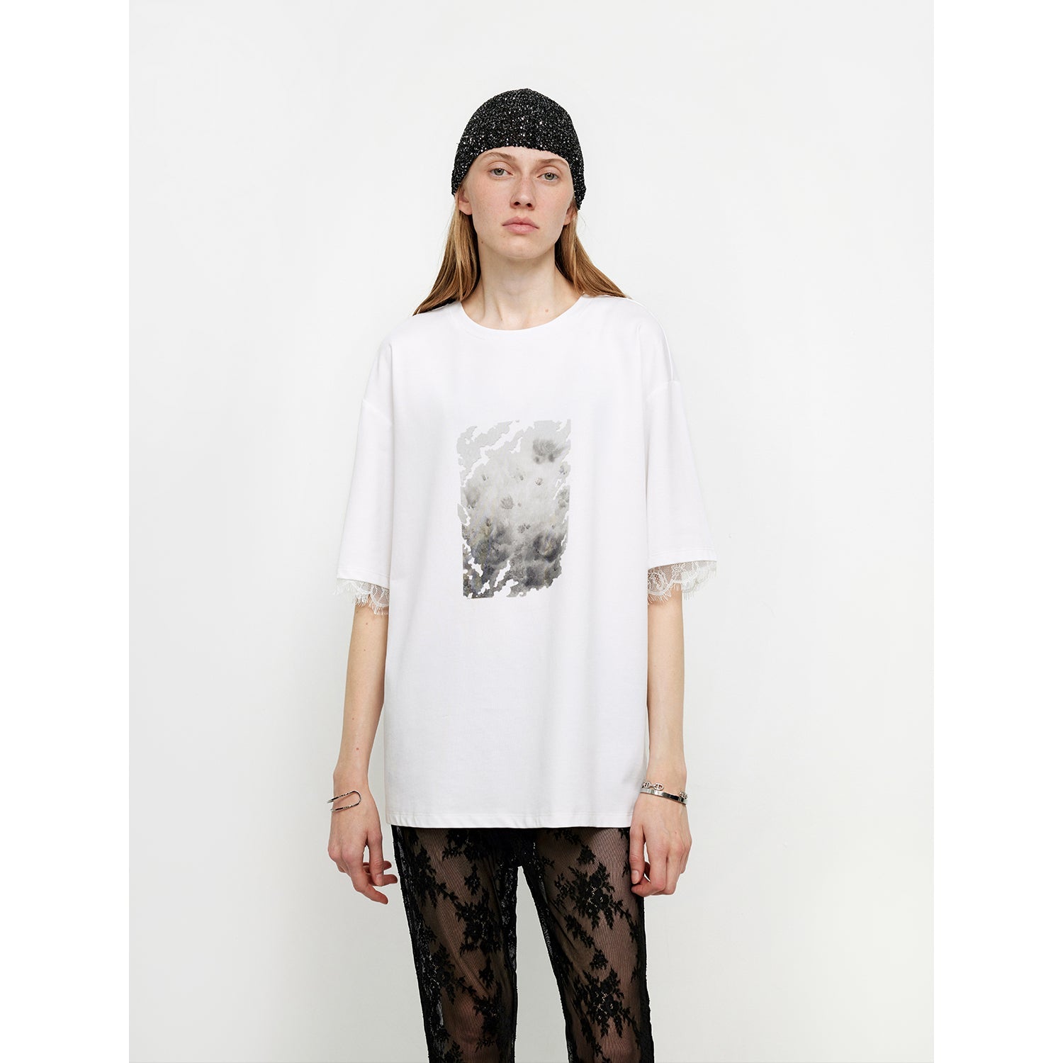 Printed Attitude Original Printed Cuffs Spliced Lace T-Shirt-1