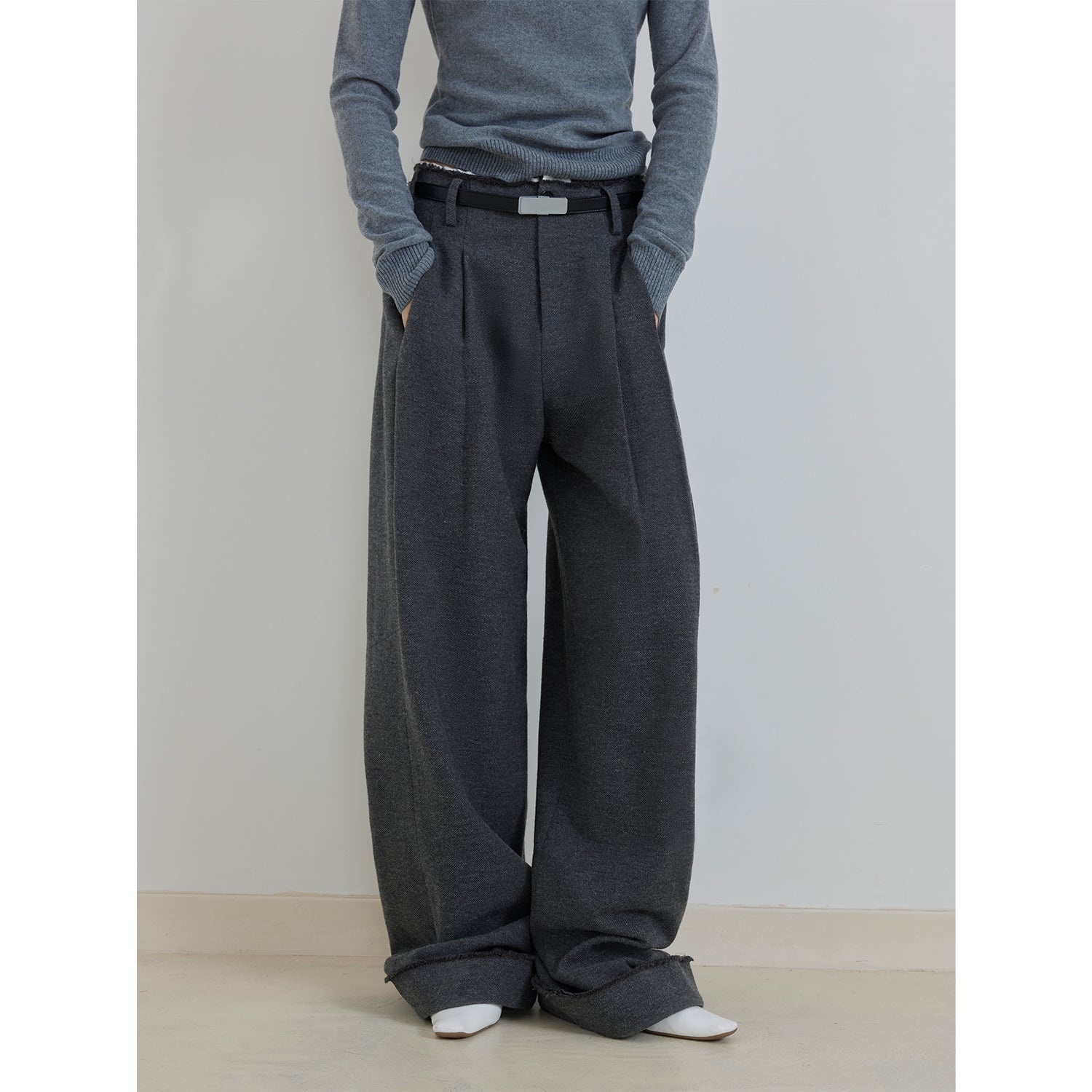 "Commuting Rules" Worsted Wool Blend Waistless Raw Edge Wide Leg Pants Slimming Scimitar Casual Pants-1