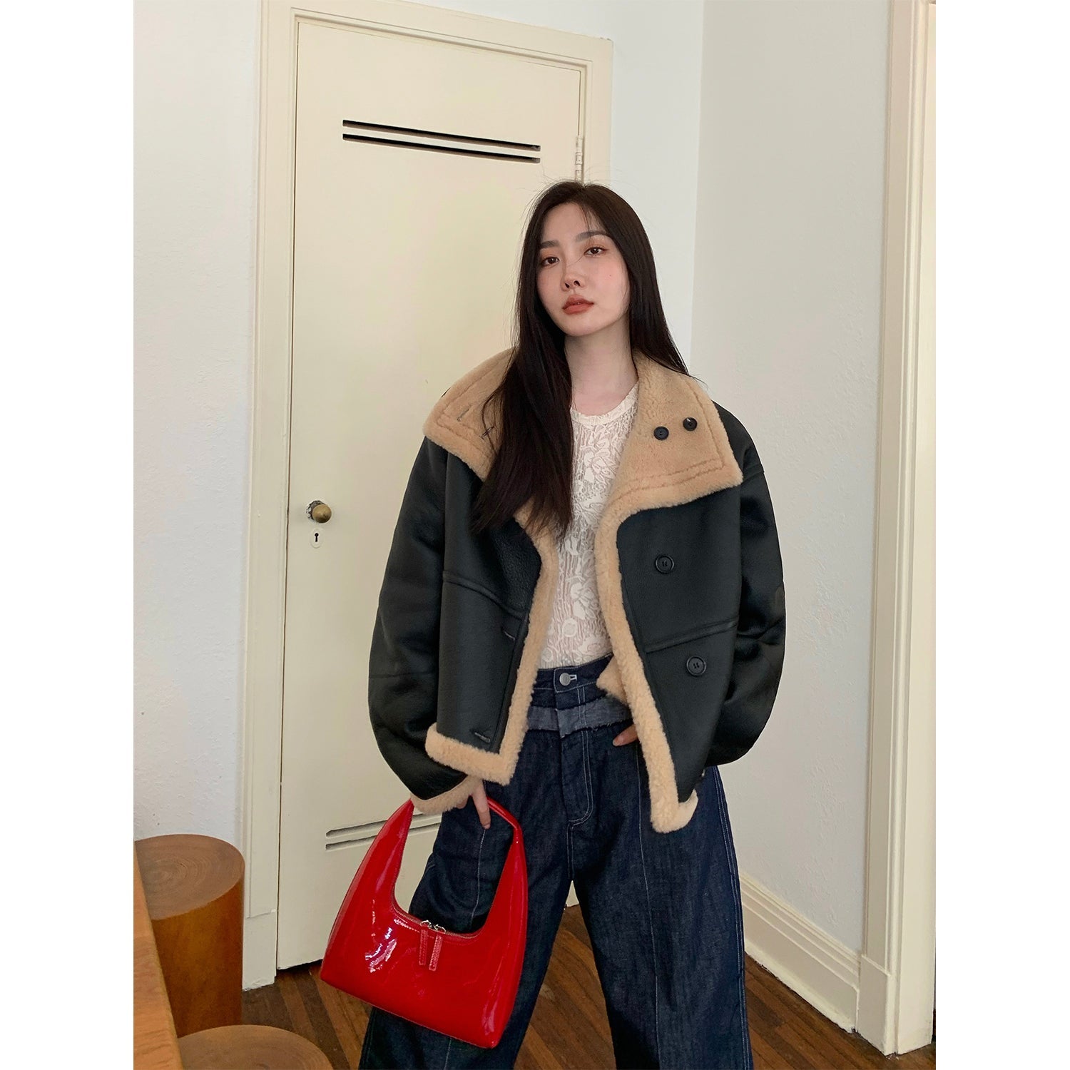 "Corner Coffee" Merino wool sheepskin stand-up collar motorcycle reversible young fur coat for women-0