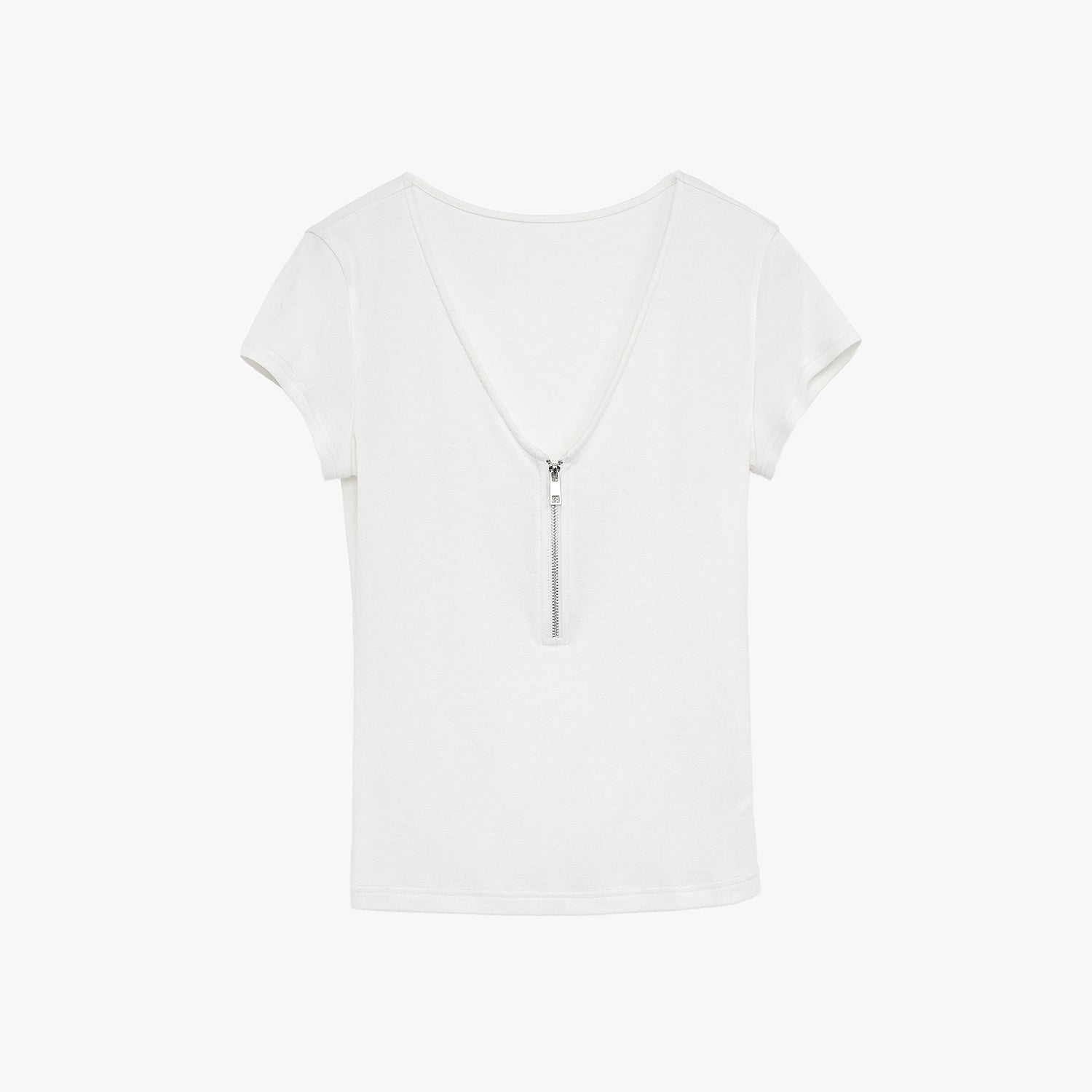 "Simple Color Silent Film" Australian Wool Tencel V-neck Zipper T-shirt-7