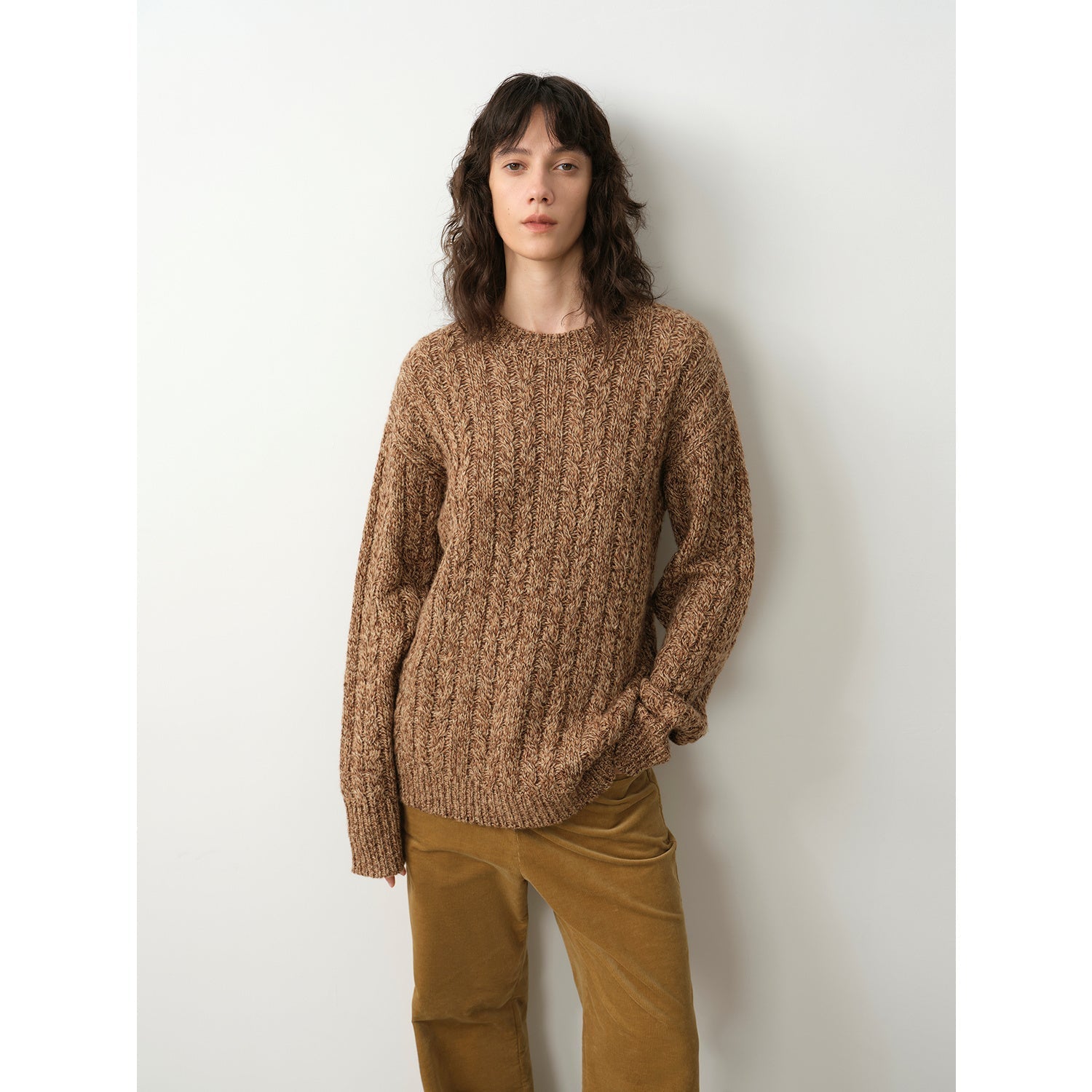 "Thousand Islands Forest Club" Cable-cut Round Neck Wool Blend Slightly Wide Shoulder Sweater-0
