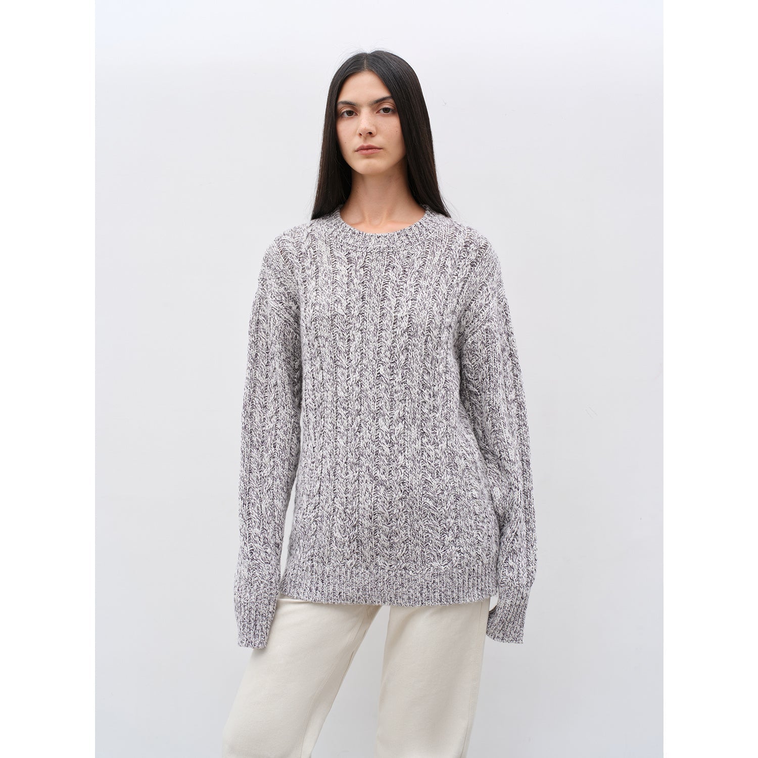 "Thousand Islands Forest Club" Cable-cut Round Neck Wool Blend Slightly Wide Shoulder Sweater-1
