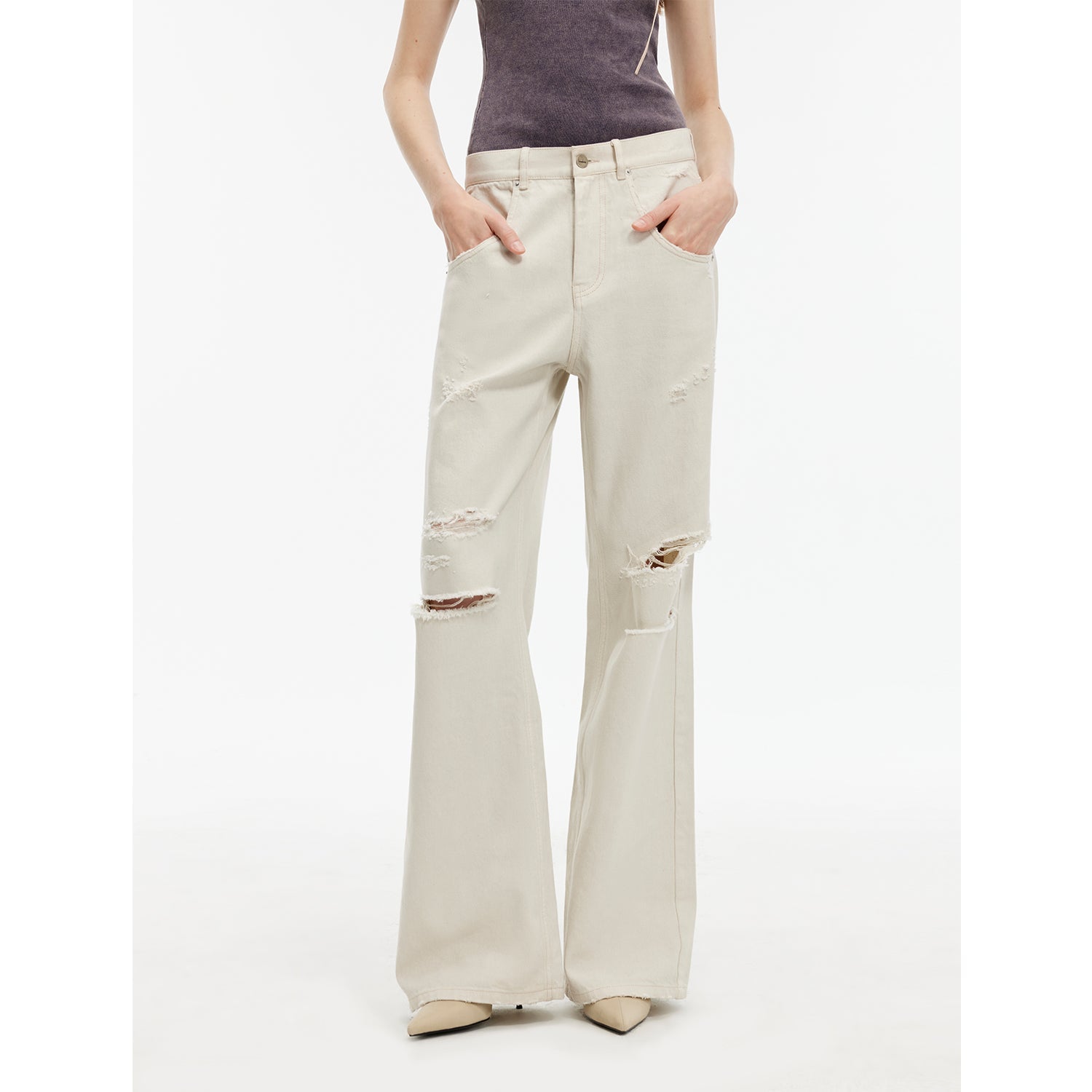 "Gray and Denim" stylish and personalized Turkish washed retro distressed holes straight flared jeans-4