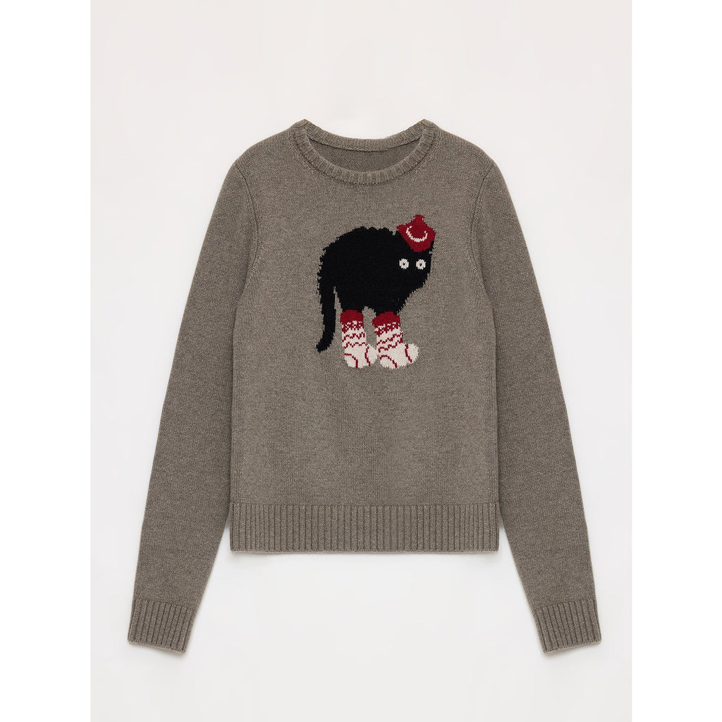 "Brani" Superfine Merino Wool Cotton Blend Animal Jacquard Round Neck Sweater for Women-5