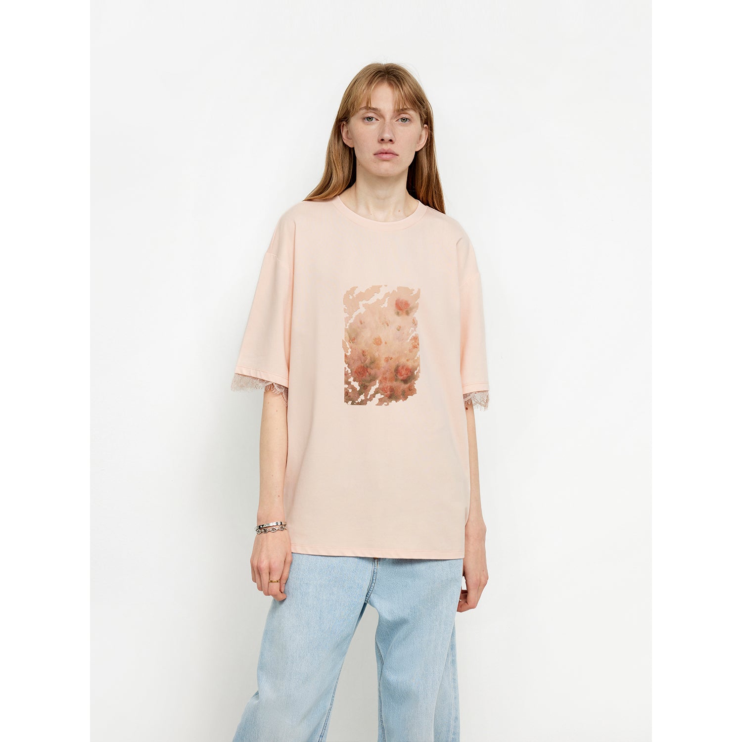Printed Attitude Original Printed Cuffs Spliced Lace T-Shirt-3
