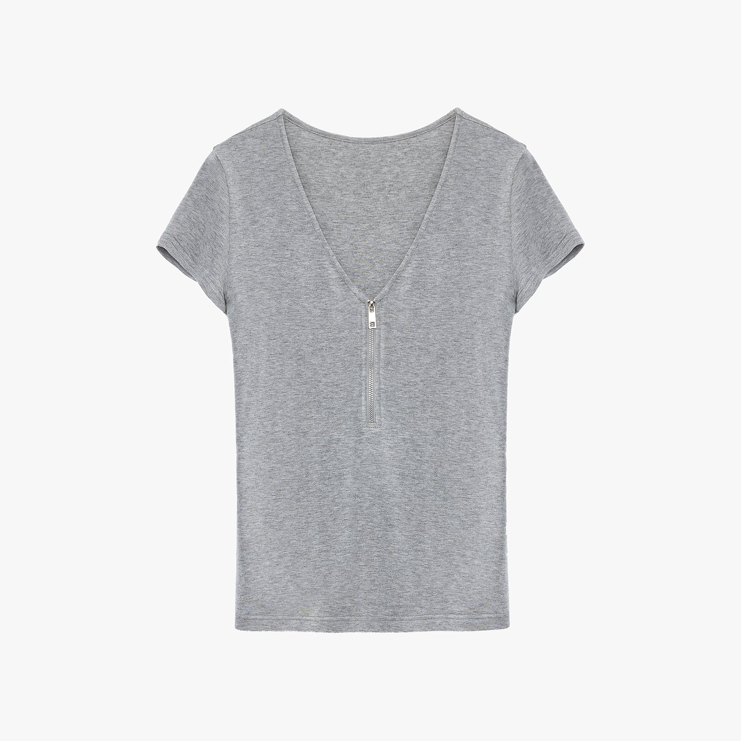 "Simple Color Silent Film" Australian Wool Tencel V-neck Zipper T-shirt-5