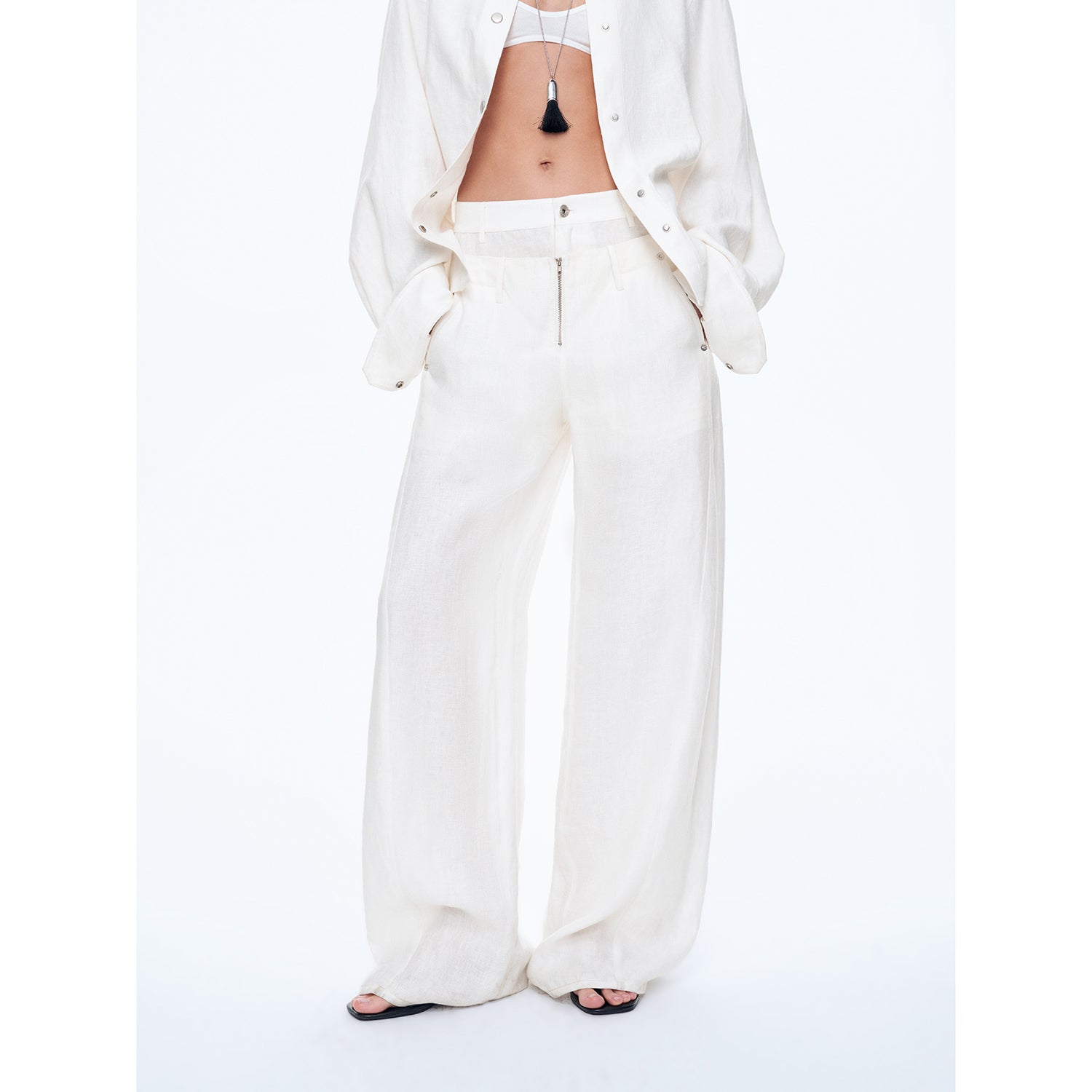 "Berlin Street" old money style linen material stand-up silhouette double waist scimitar casual trousers spring-6