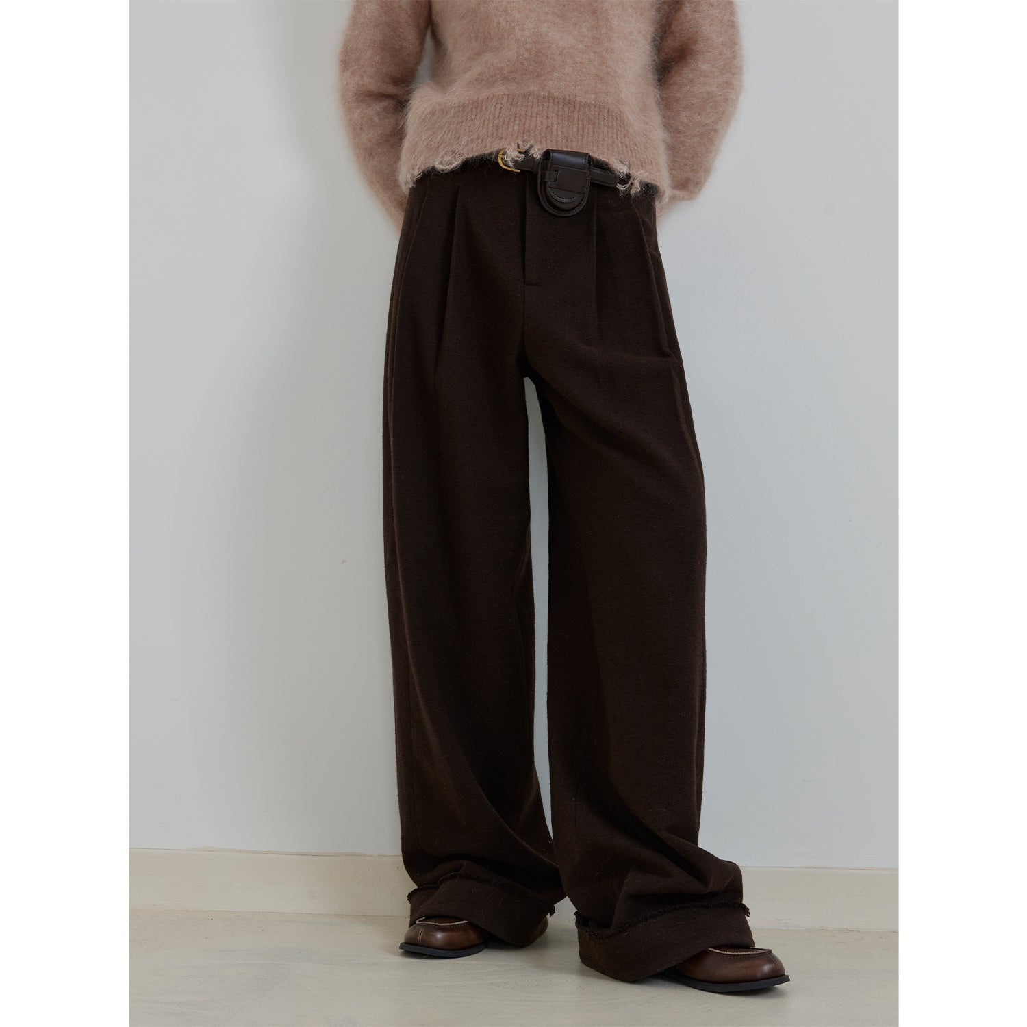 "Commuting Rules" Worsted Wool Blend Waistless Raw Edge Wide Leg Pants Slimming Scimitar Casual Pants-5