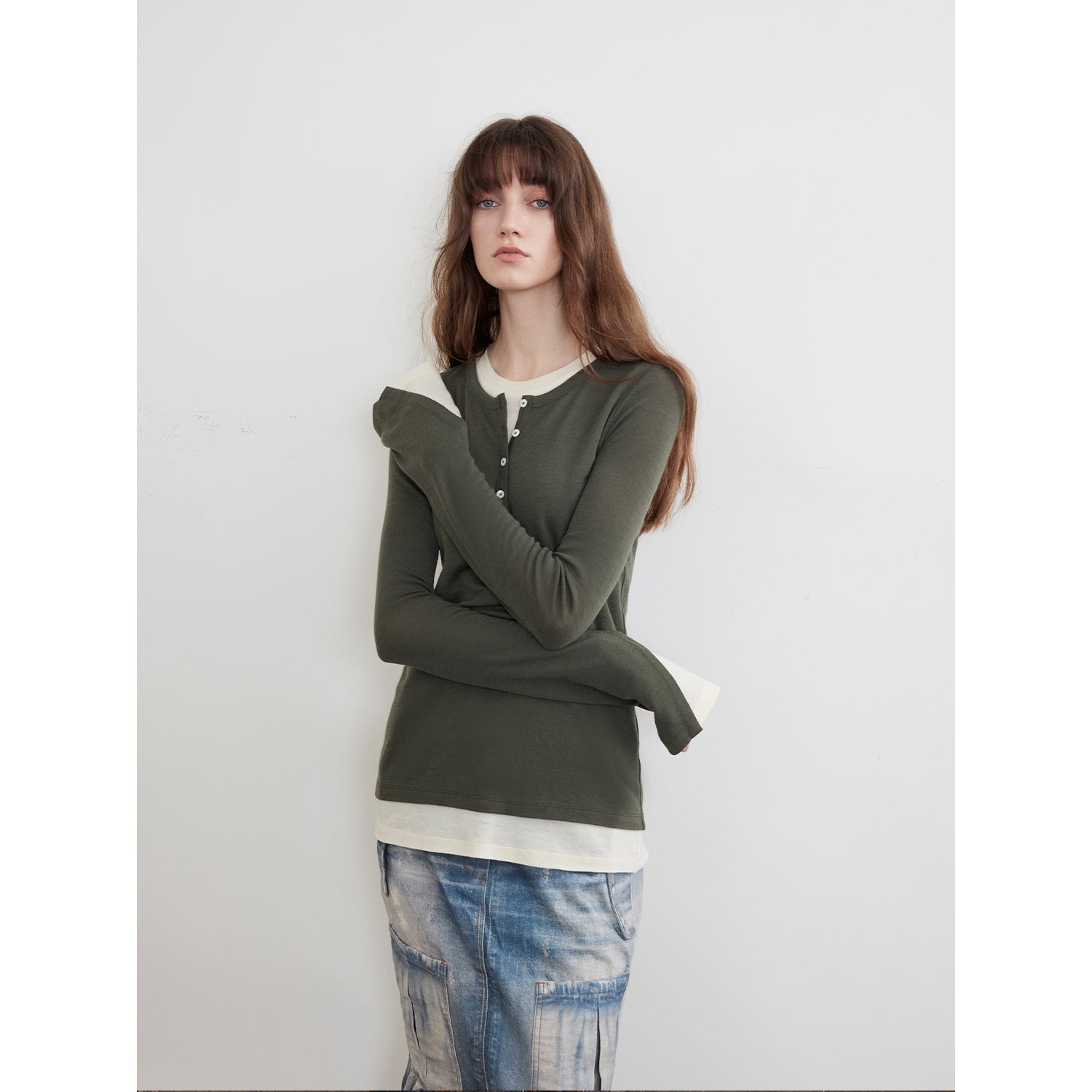 "Letter from Munich" elastic skin-friendly all-wool sweater women's long-sleeved slimming fake two-piece crop top-5