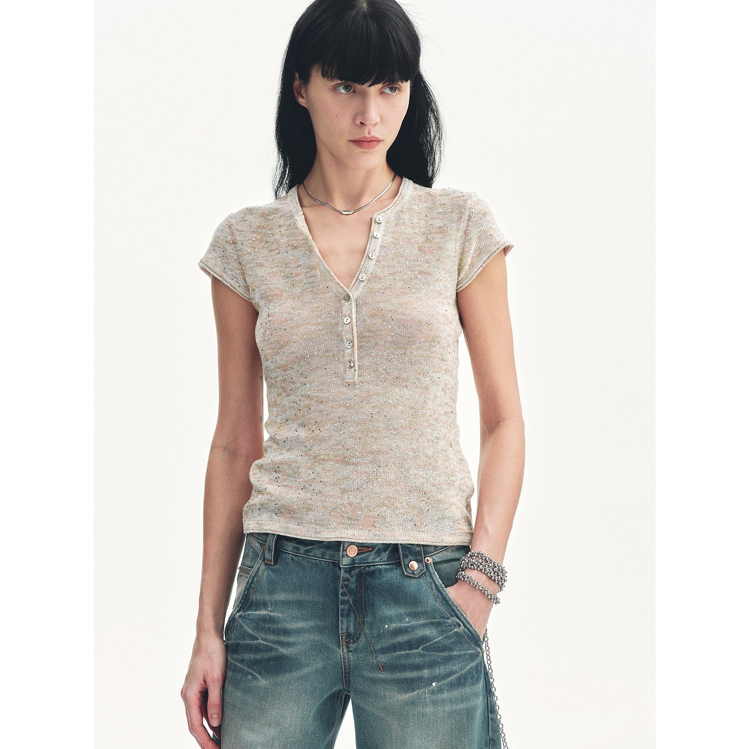 "Minimalist Light Gap" Cotton and Linen Blend Sequined Henley Neck Short Sleeve T-Shirt-5
