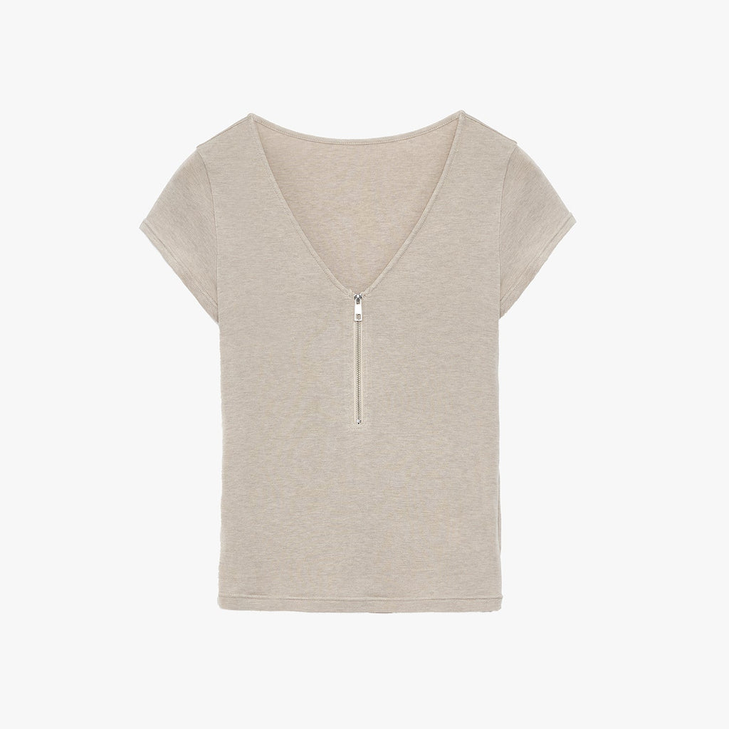"Simple Color Silent Film" Australian Wool Tencel V-neck Zipper T-shirt-6