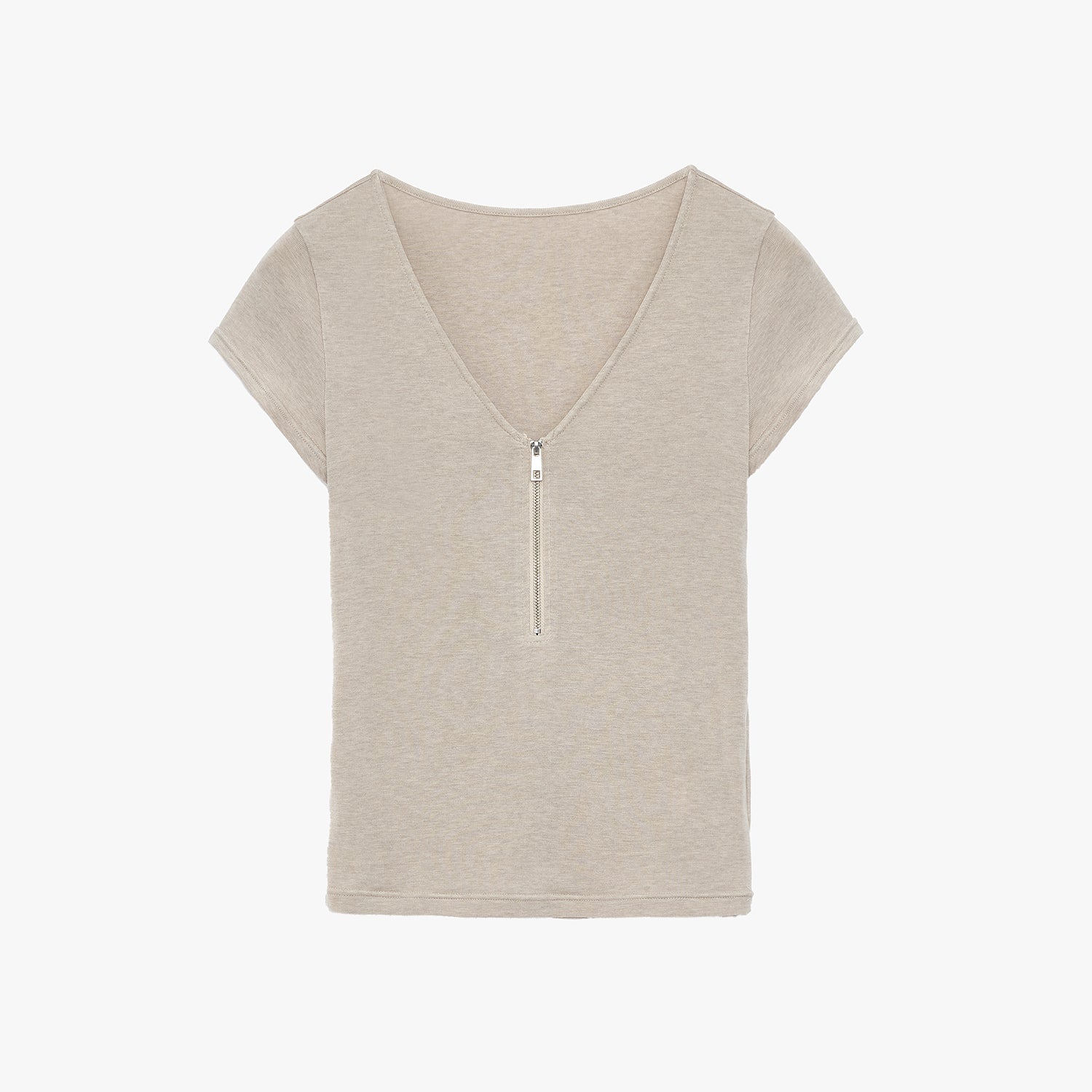 "Simple Color Silent Film" Australian Wool Tencel V-neck Zipper T-shirt-6