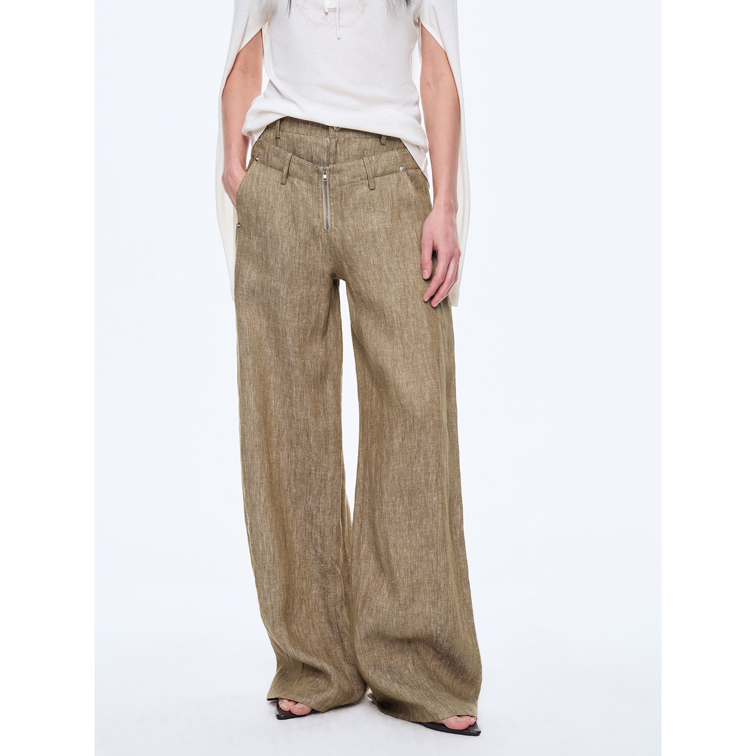 "Berlin Street" old money style linen material stand-up silhouette double waist scimitar casual trousers spring-5