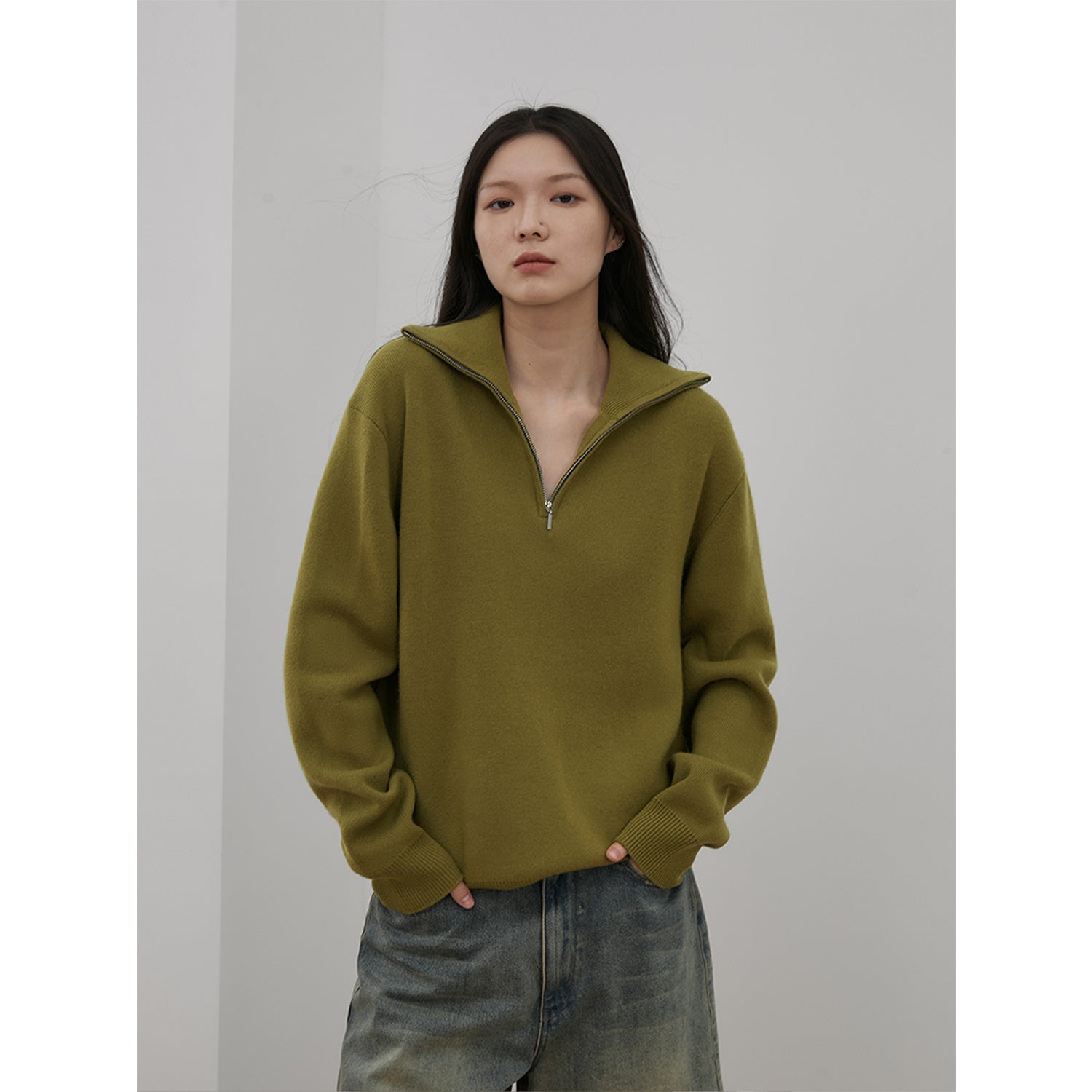 "Moonlight Farm" Merino wool lazy loose pullover sweater women's zipper turtleneck sweater-6