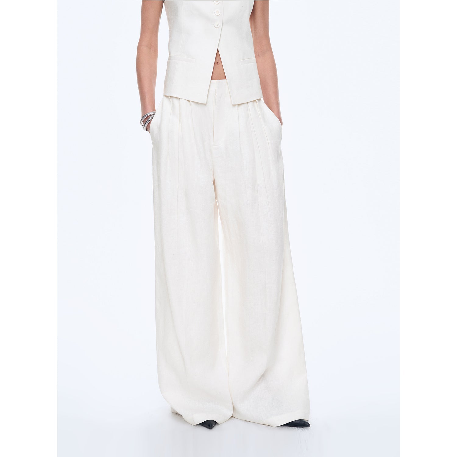 "Old Money Space" Linen draped vest and straight trousers suit-8